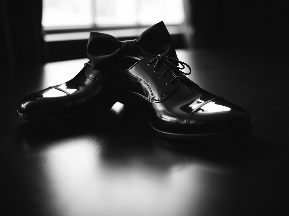 Black patent dress shoes and silk bow tie