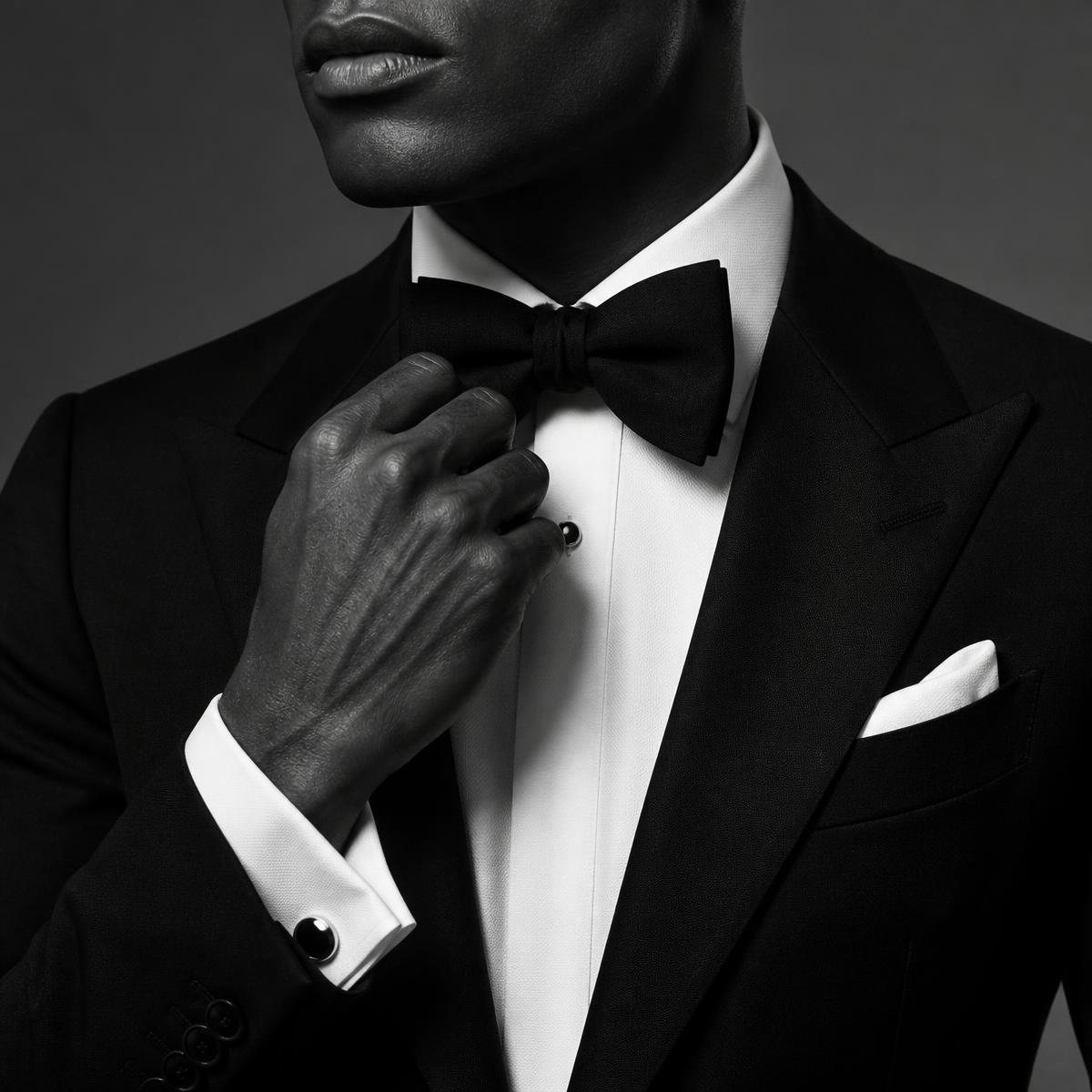 Man in a black tie tuxedo adjusting his bow tie